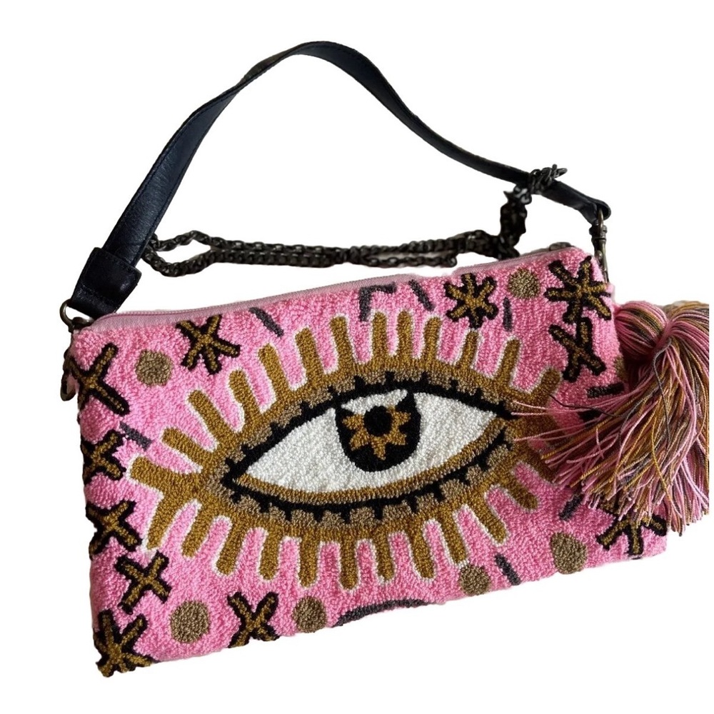 Evil eye pink knit wayuu Colombian clutch shoulder bag